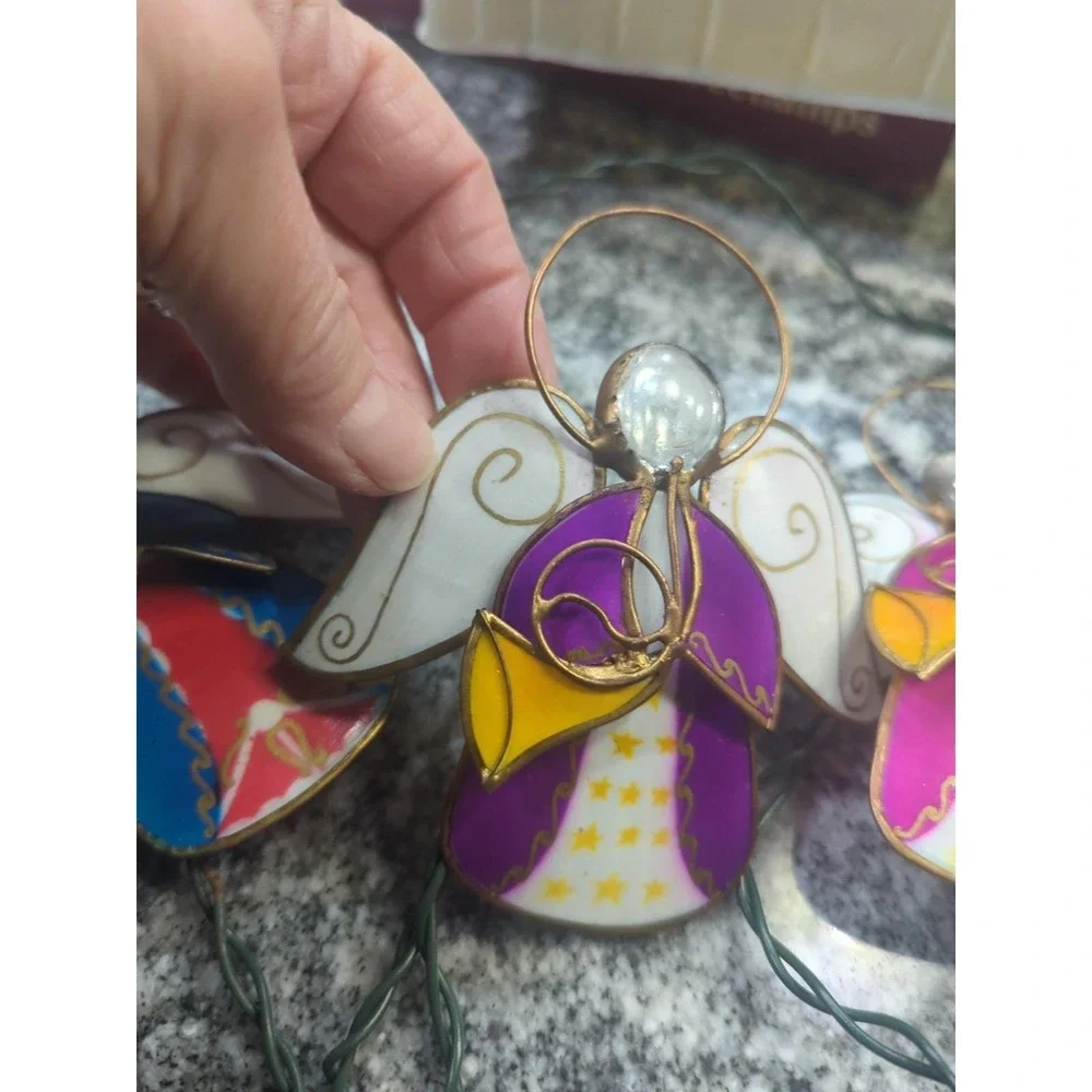 Vintage Multicolor Capiz & Wire Angel Playing Trumpets String Lights 5 Angels